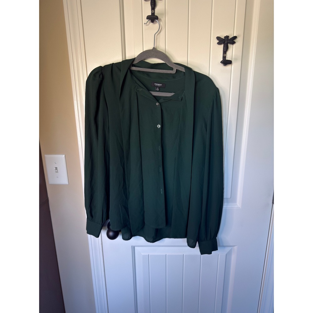 Premise Studio Forest Green Tie Neck Blouse Long Sleeve Button Up Top Medium